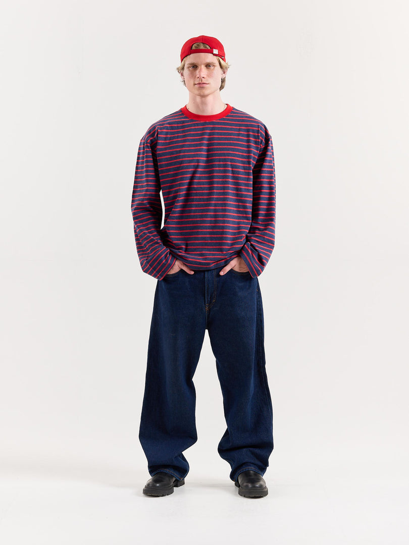 Red & Navy Chambray Striped Loose Fit Cropped T-Shirt