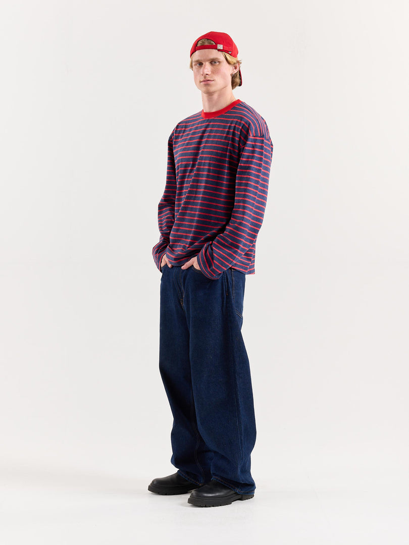Red & Navy Chambray Striped Loose Fit Cropped T-Shirt