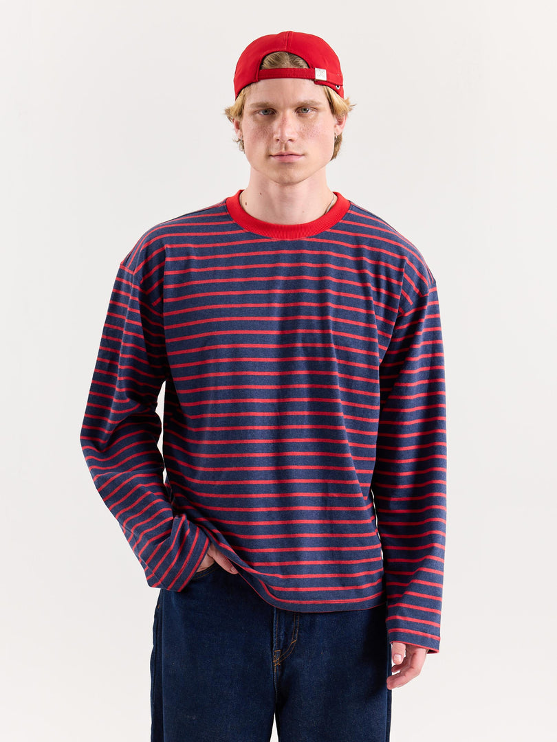 Red & Navy Chambray Striped Loose Fit Cropped T-Shirt