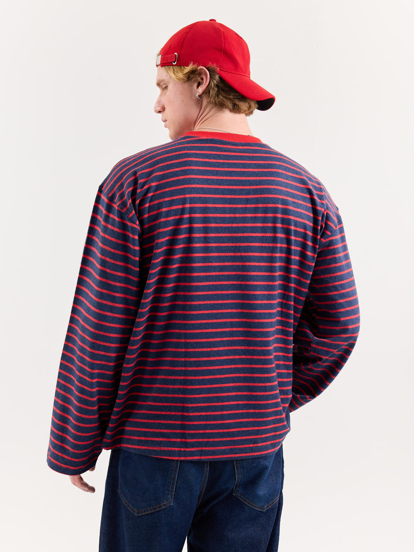 Red & Navy Chambray Striped Loose Fit Cropped T-Shirt