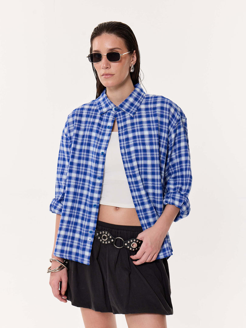 Royal Blue Checked Oversized Cropped Gauze Shirt
