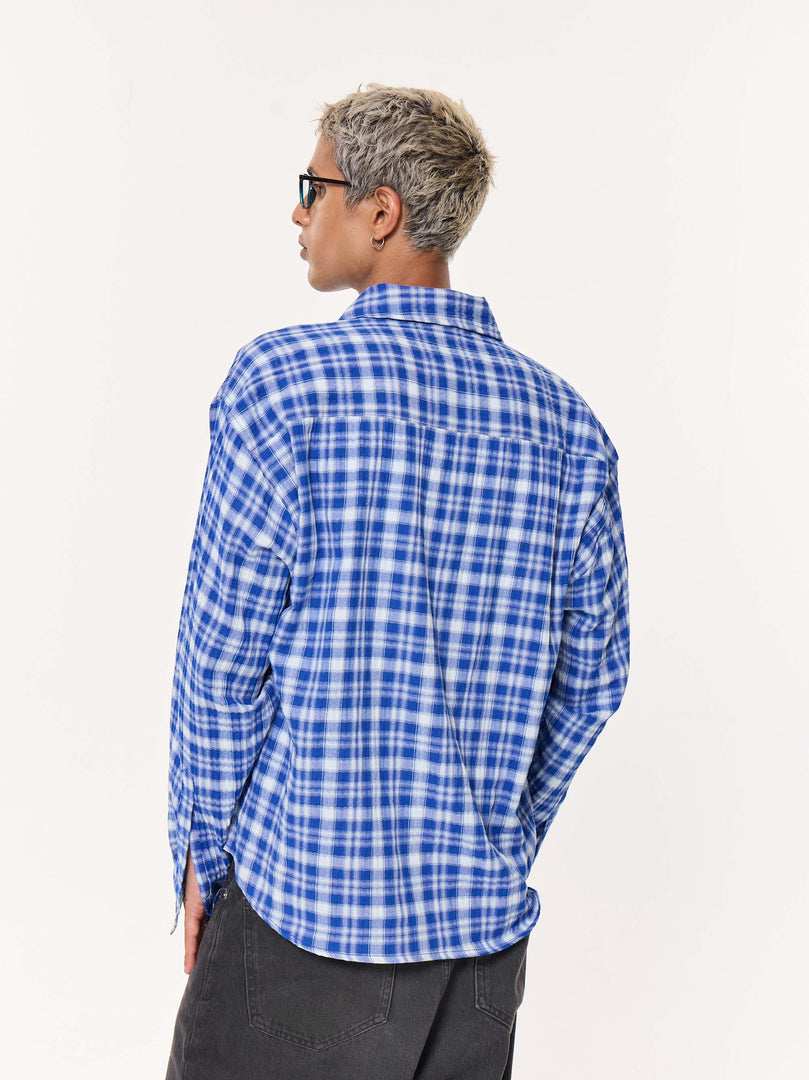 Royal Blue Checked Oversized Cropped Gauze Shirt