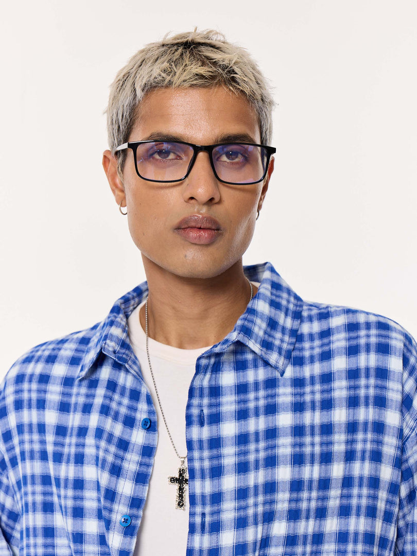 Royal Blue Checked Oversized Cropped Gauze Shirt
