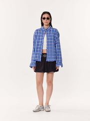 Royal Blue Checked Oversized Cropped Gauze Shirt