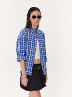 Load image into Gallery viewer, Royal Blue Checked Oversized Cropped Gauze Shirt