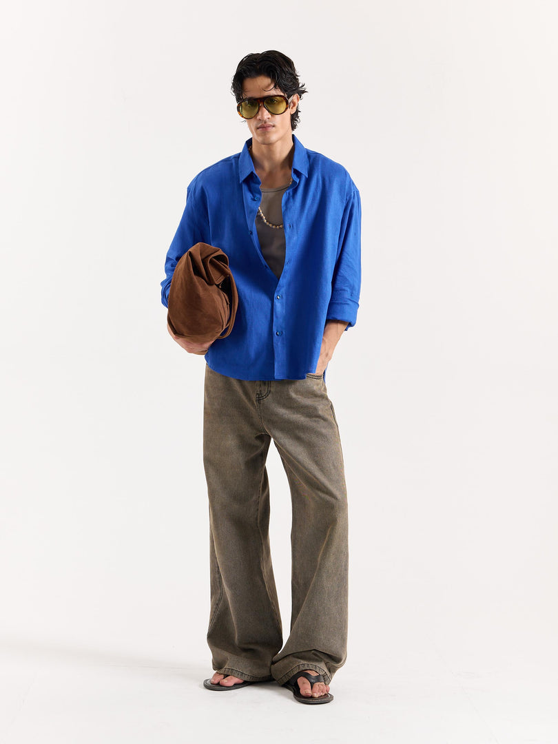 Royal Blue Linen Cropped Shirt