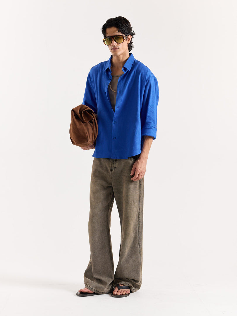Royal Blue Linen Cropped Shirt