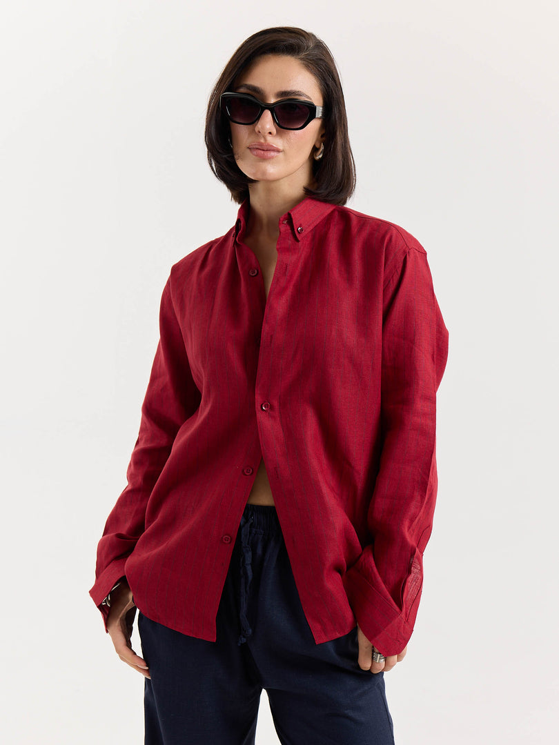 Ruby Red Striped Irish Linen Shirt