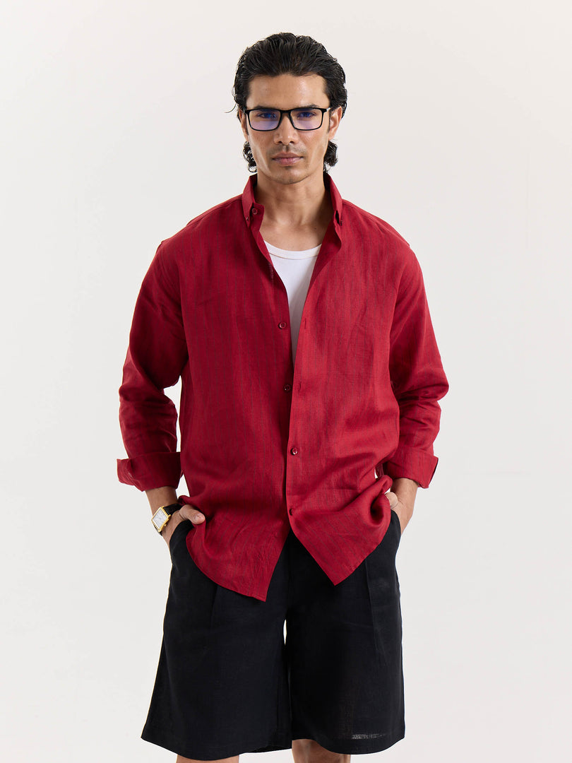 Ruby Red Striped Irish Linen Shirt