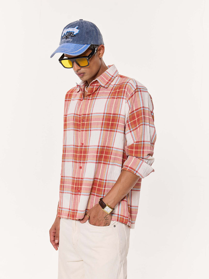 Rust Checkered Seersucker Oversized Cropped Shirt