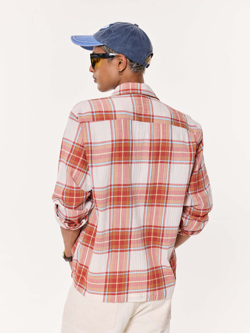 Rust Checkered Seersucker Oversized Cropped Shirt