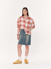 Rust Checkered Seersucker Oversized Cropped Shirt