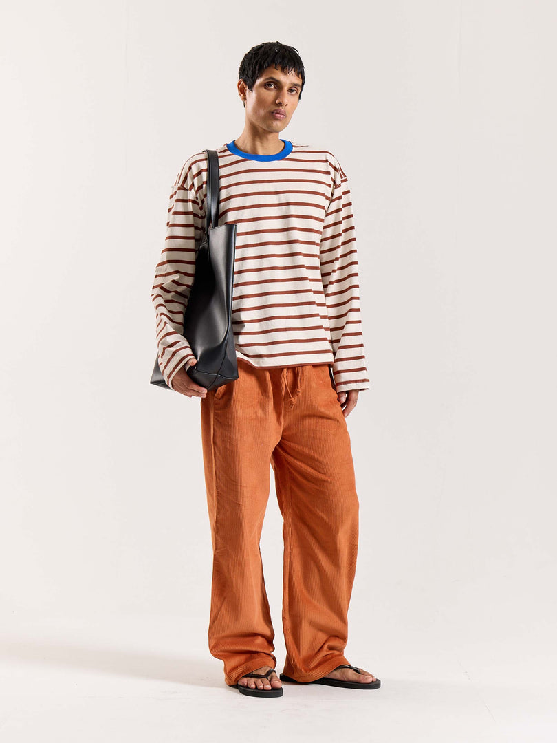 Rust Red Striped Loose Fit Cropped T-Shirt