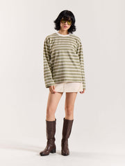 Sage Green Striped Loose Fit Cropped T-Shirt