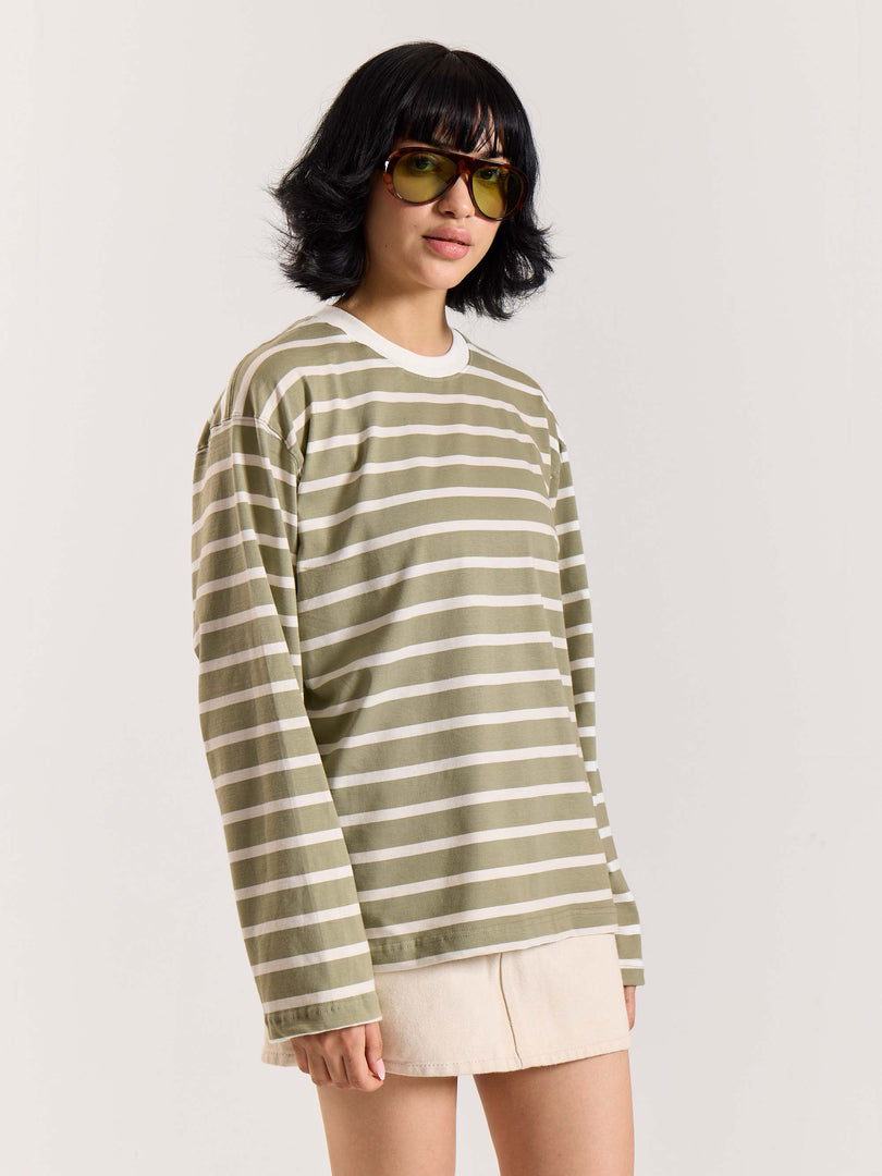 Sage Green Striped Loose Fit Cropped T-Shirt