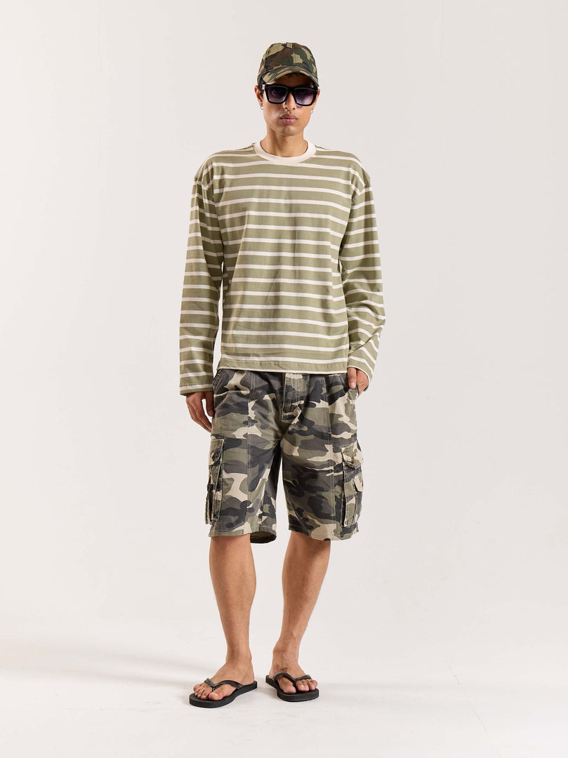 Sage Green Striped Loose Fit Cropped T-Shirt