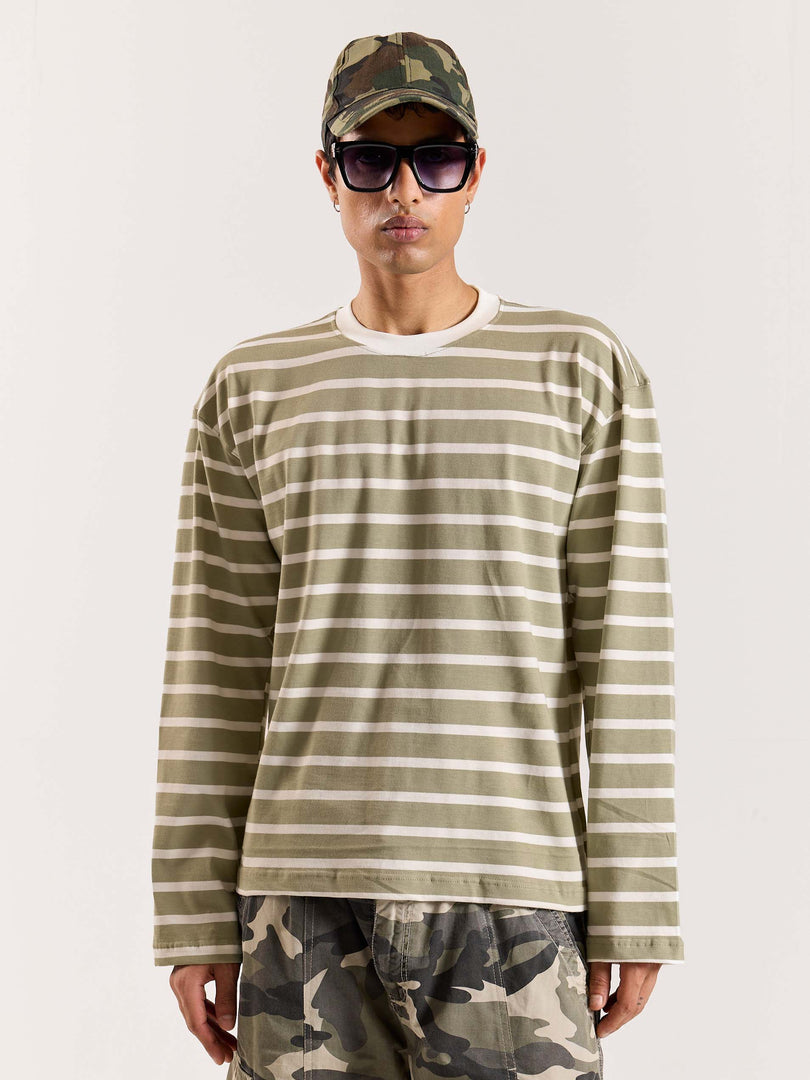 Sage Green Striped Loose Fit Cropped T-Shirt