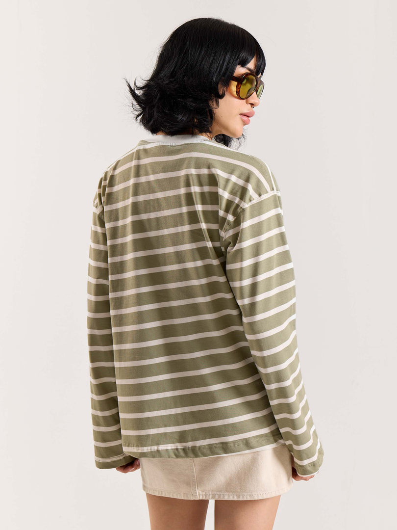 Sage Green Striped Loose Fit Cropped T-Shirt