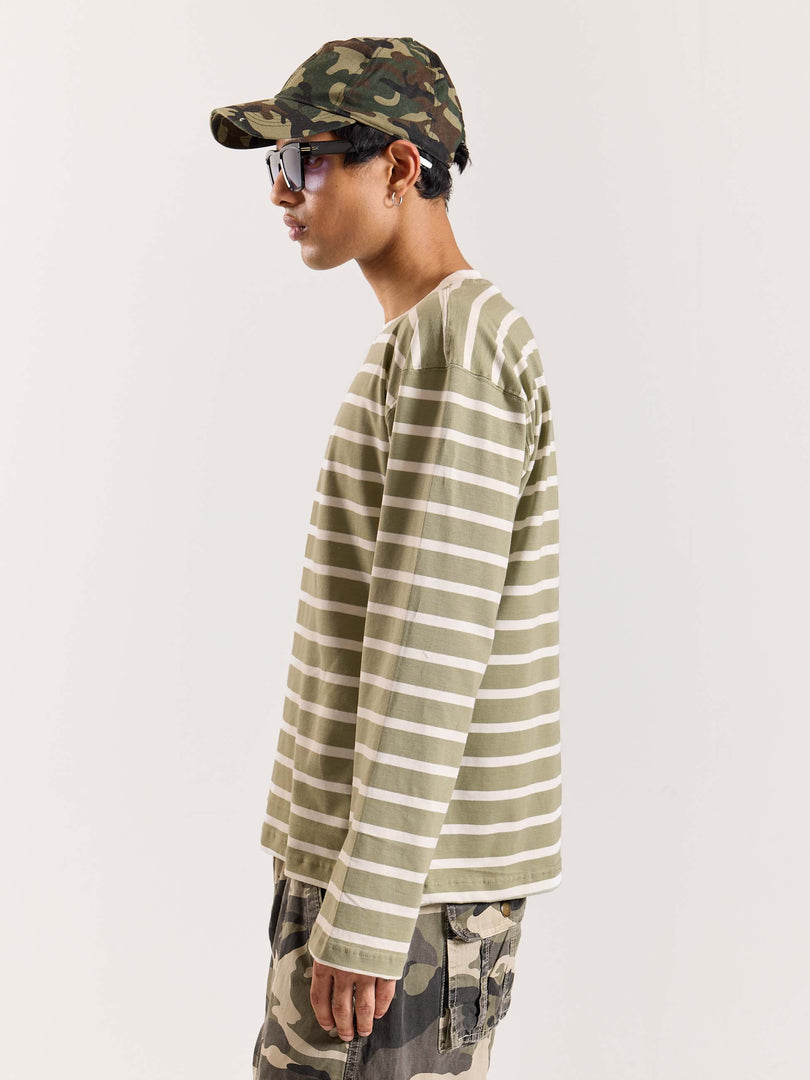 Sage Green Striped Loose Fit Cropped T-Shirt