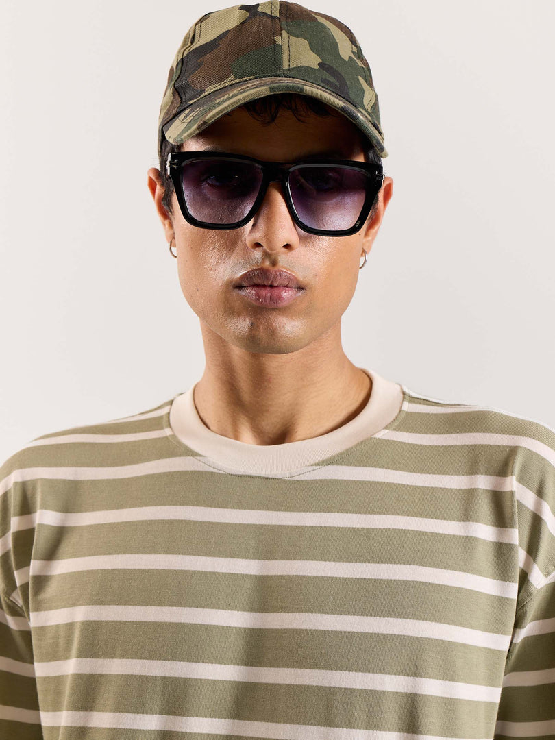 Sage Green Striped Loose Fit Cropped T-Shirt
