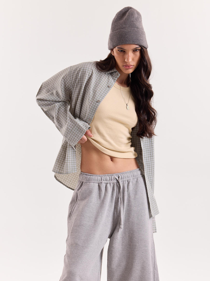Sage Green & White Grid Checkered Cropped Shirt