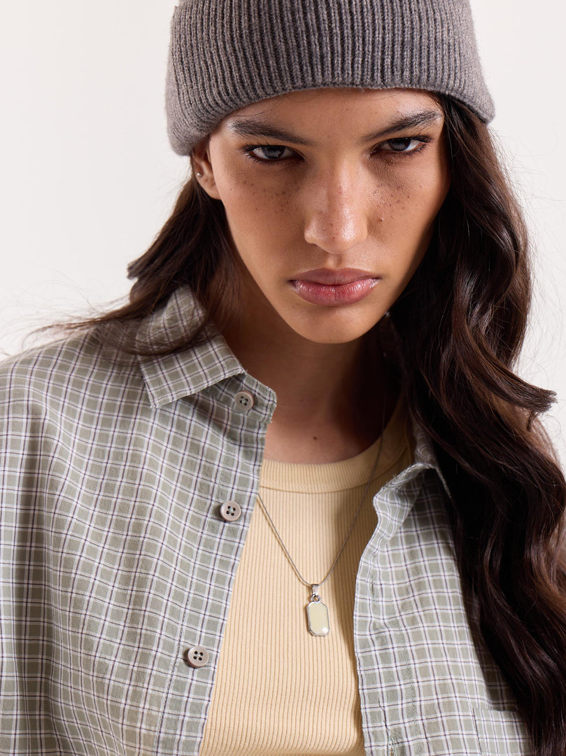 Sage Green & White Grid Checkered Cropped Shirt