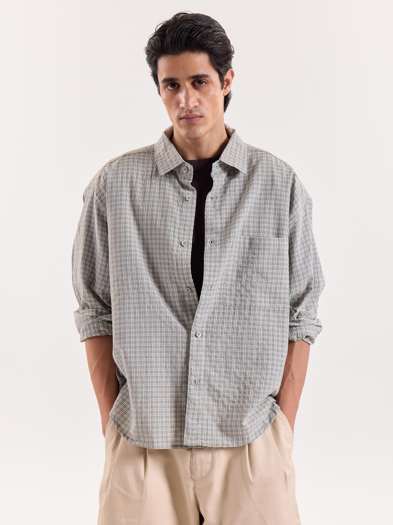 Sage Green & White Grid Checkered Cropped Shirt
