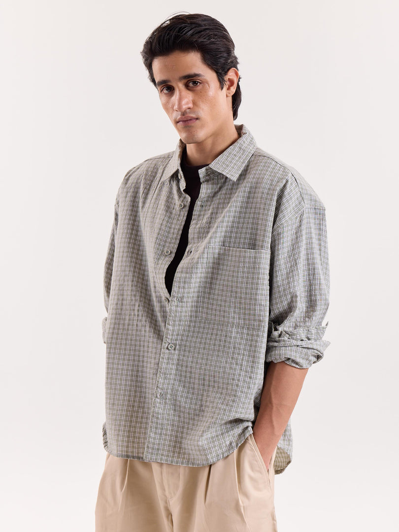 Sage Green & White Grid Checkered Cropped Shirt
