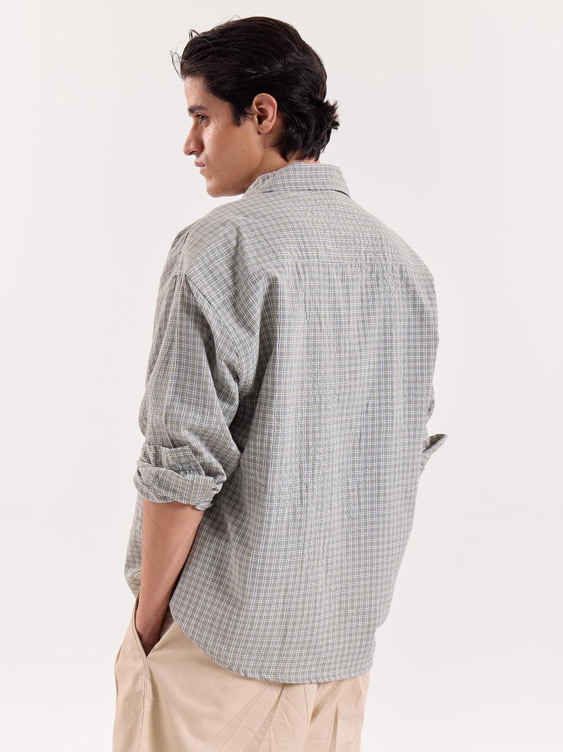 Sage Green & White Grid Checkered Cropped Shirt