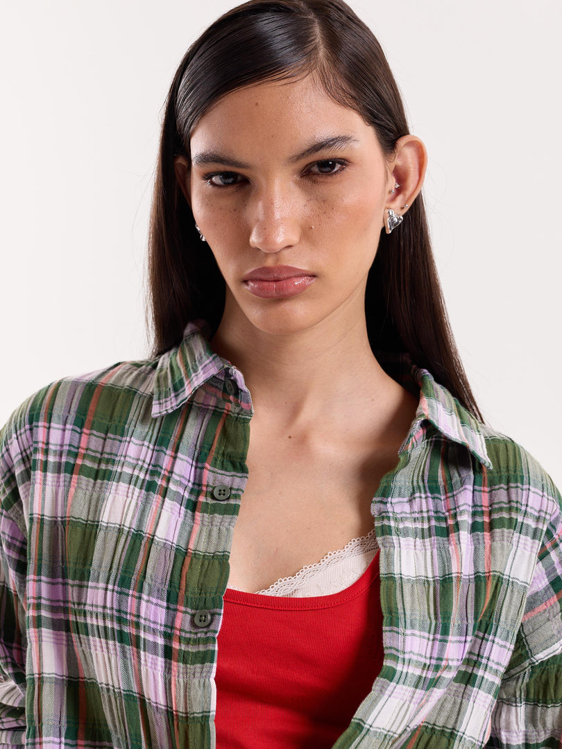 Sage & Lilac Checked Gauze Cropped Shirt