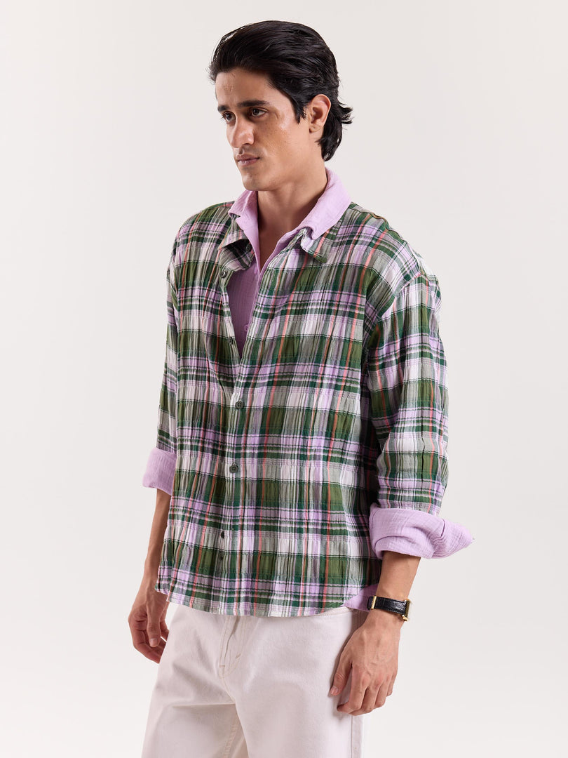 Sage & Lilac Checked Gauze Cropped Shirt
