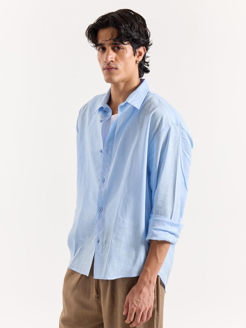 Sky Blue Linen Cropped Shirt