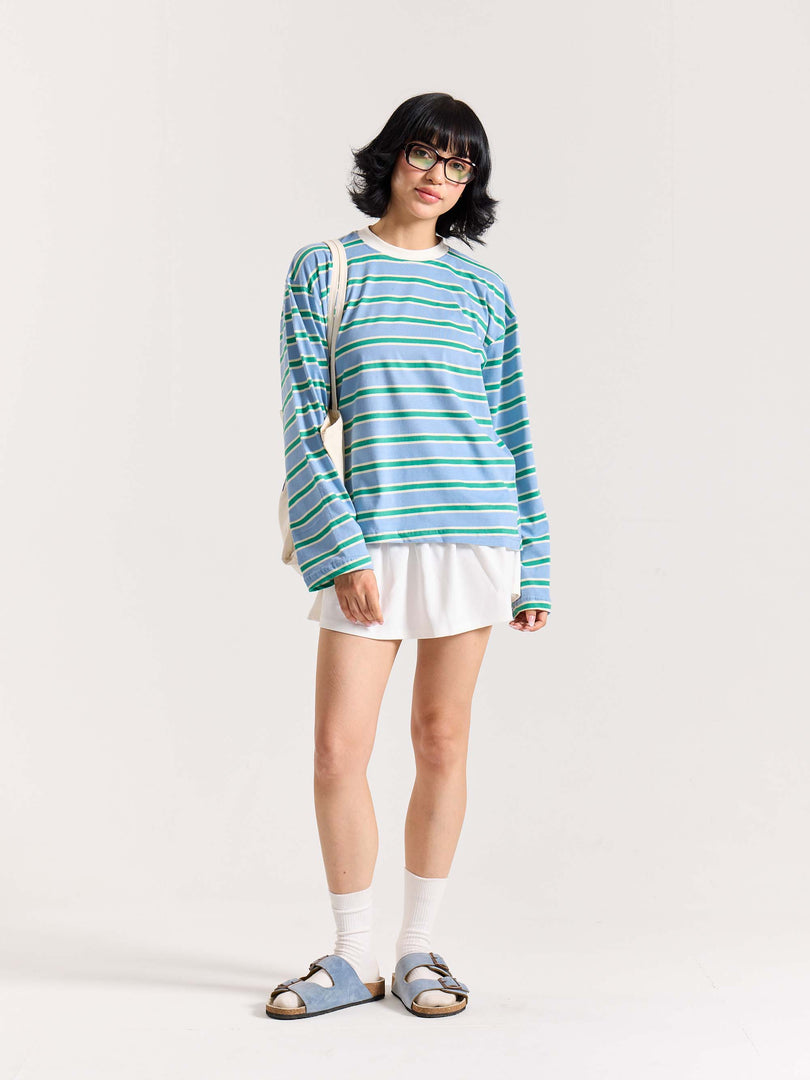 Sky Blue & Green Striped Loose Fit Cropped T-Shirt