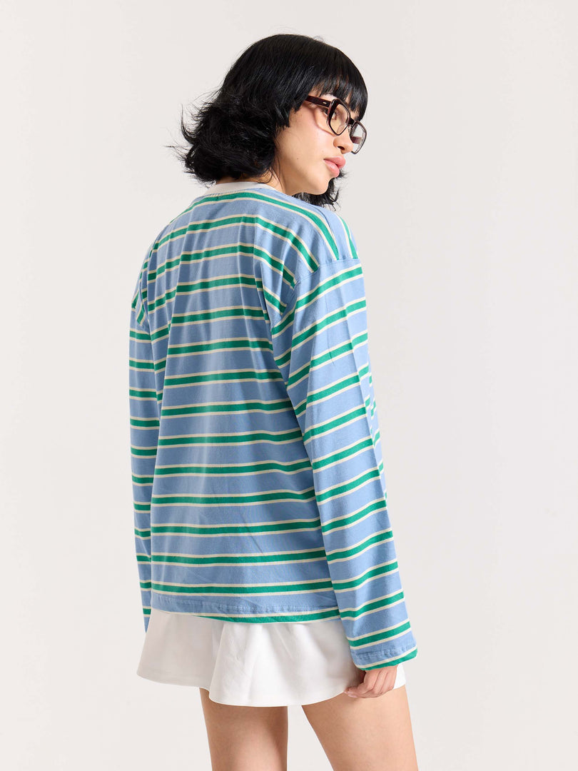 Sky Blue & Green Striped Loose Fit Cropped T-Shirt