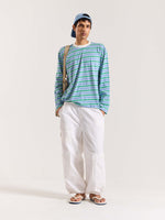Load image into Gallery viewer, Sky Blue &amp; Green Striped Loose Fit Cropped T-Shirt
