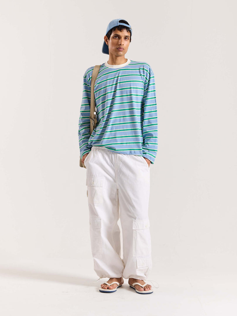 Sky Blue & Green Striped Loose Fit Cropped T-Shirt