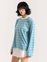 Load image into Gallery viewer, Sky Blue &amp; Green Striped Loose Fit Cropped T-Shirt