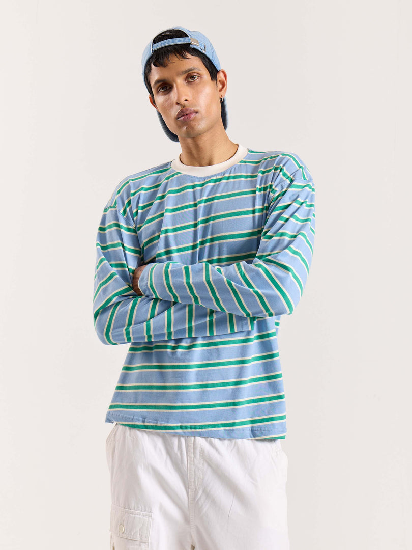 Sky Blue & Green Striped Loose Fit Cropped T-Shirt