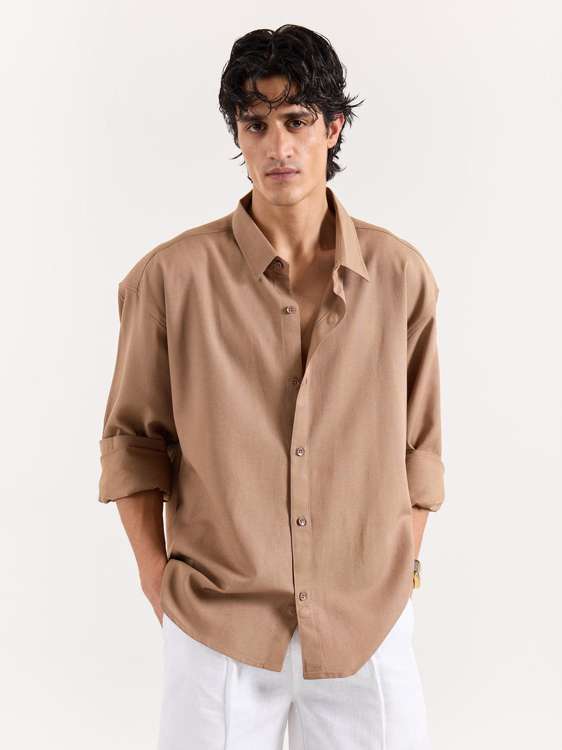 Tan Brown Linen Cropped Shirt