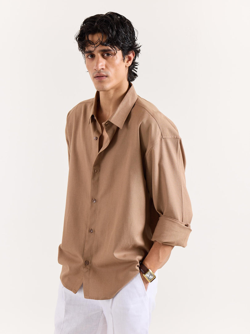 Tan Brown Linen Cropped Shirt
