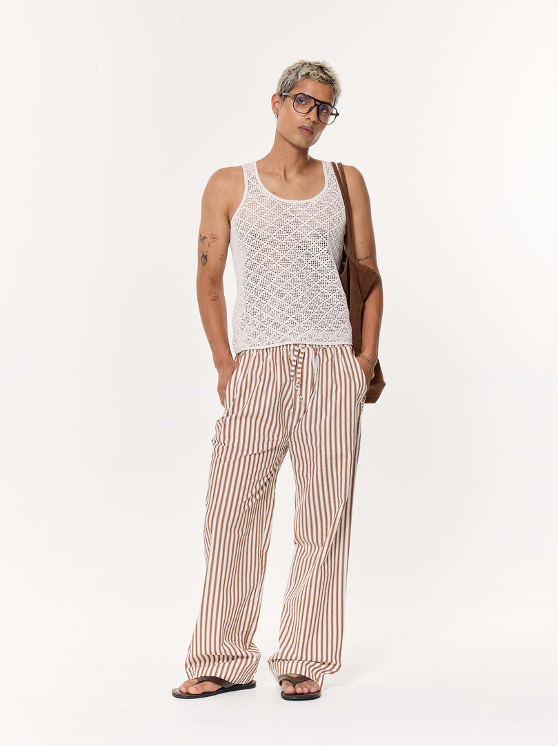Tan Brown Striped Seersucker Pull-on Pants