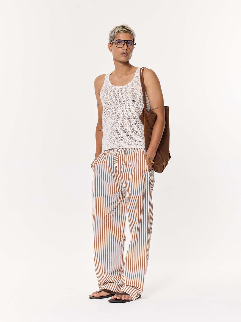 Tan Brown Striped Seersucker Pull-on Pants