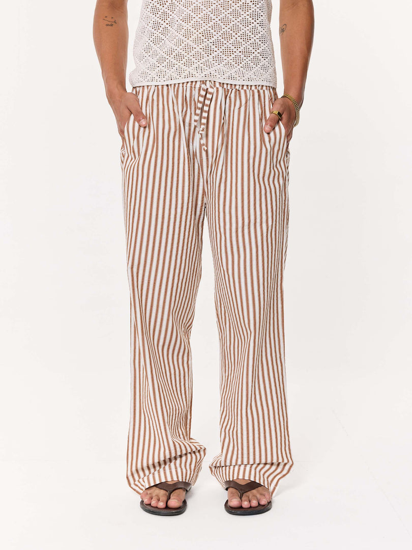 Tan Brown Striped Seersucker Pull-on Pants