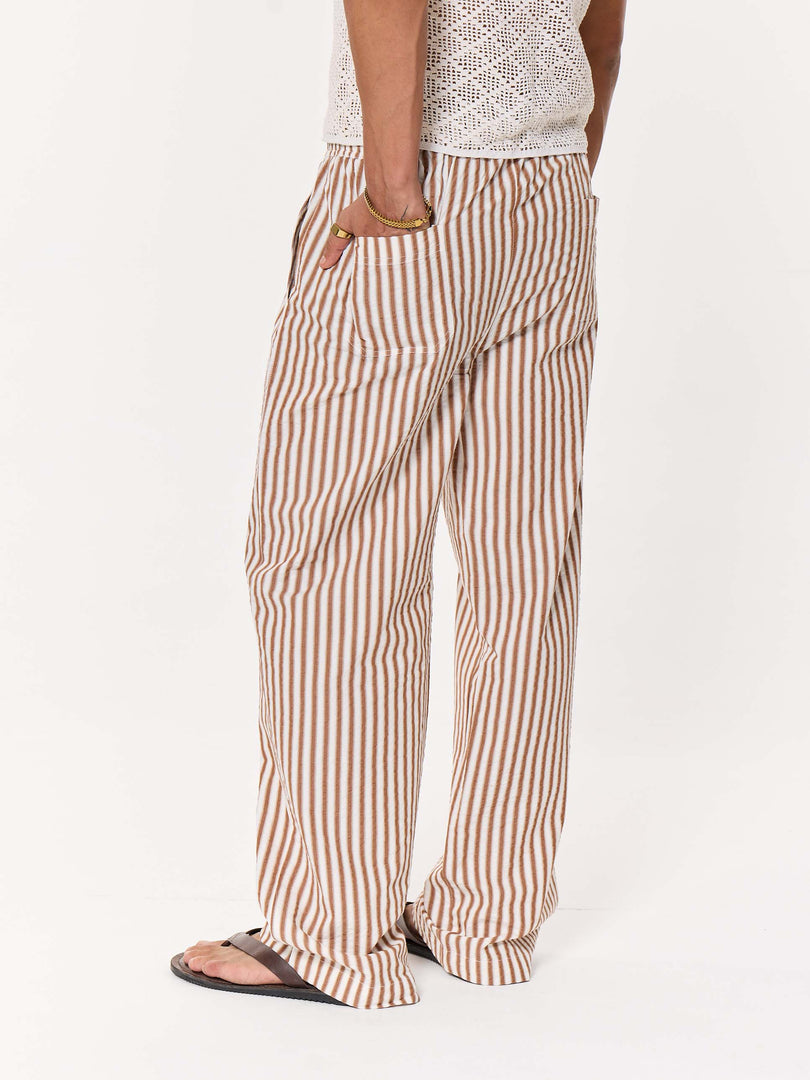 Tan Brown Striped Seersucker Pull-on Pants
