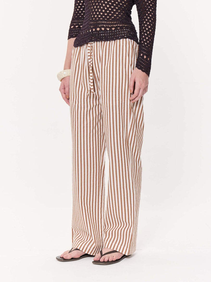 Tan Brown Striped Seersucker Pull-on Pants