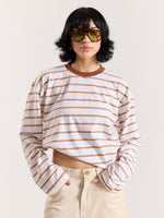 Load image into Gallery viewer, Tan &amp; White Striped Loose Fit Cropped T-Shirt
