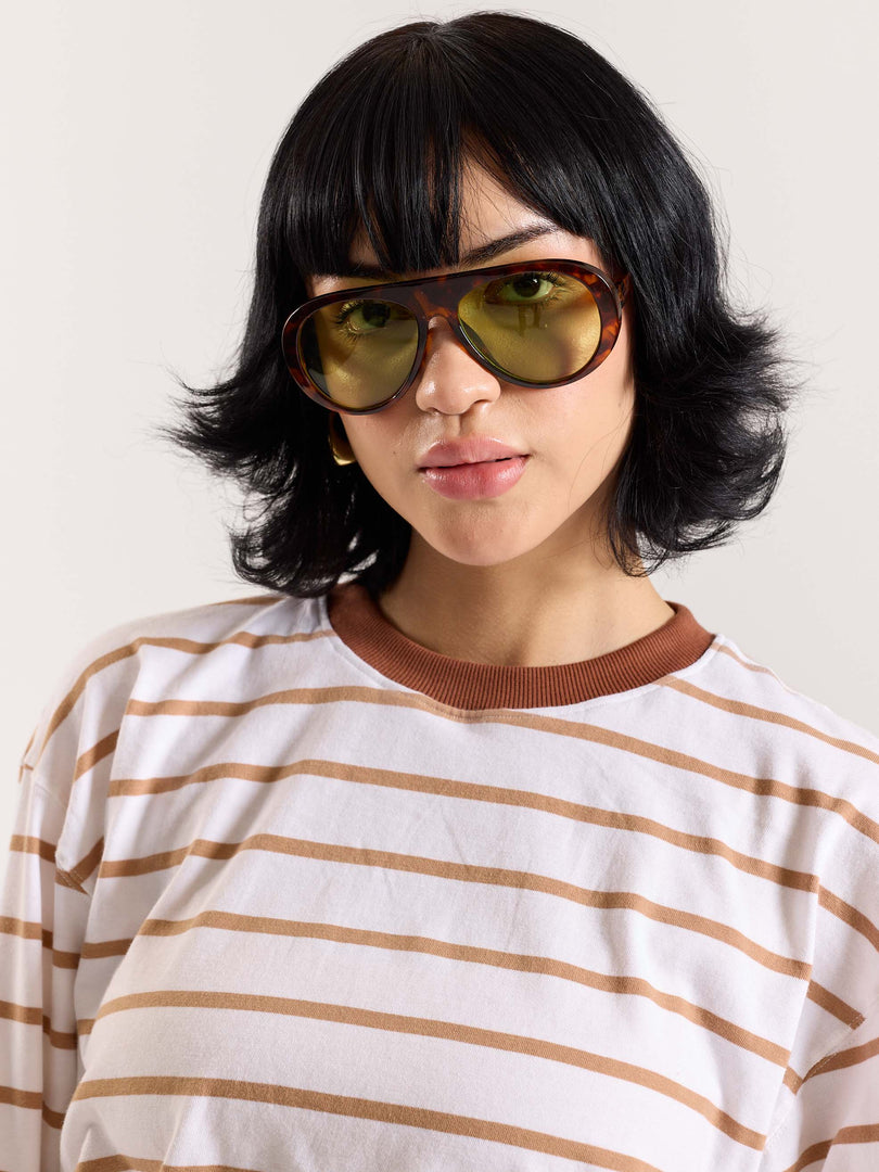 Tan & White Striped Loose Fit Cropped T-Shirt