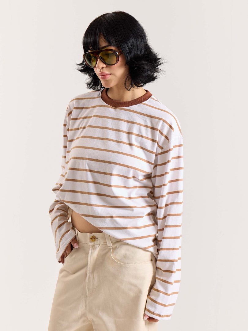 Tan & White Striped Loose Fit Cropped T-Shirt