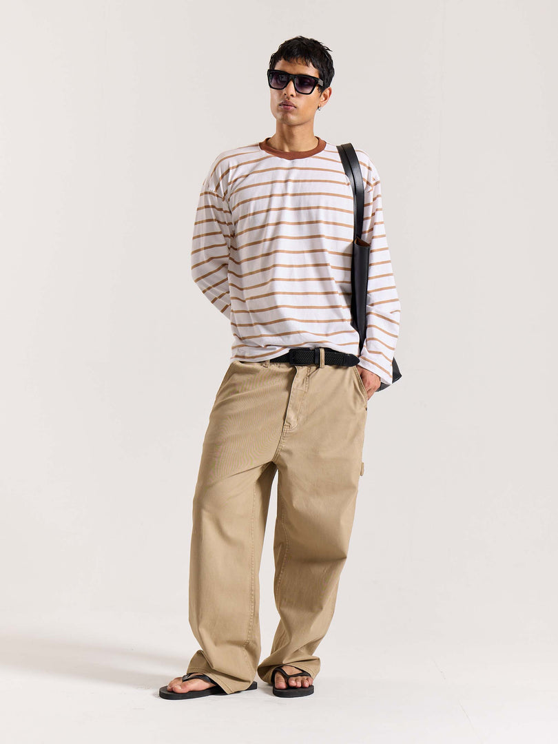 Tan & White Striped Loose Fit Cropped T-Shirt
