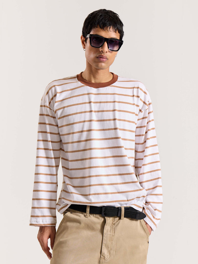 Tan & White Striped Loose Fit Cropped T-Shirt